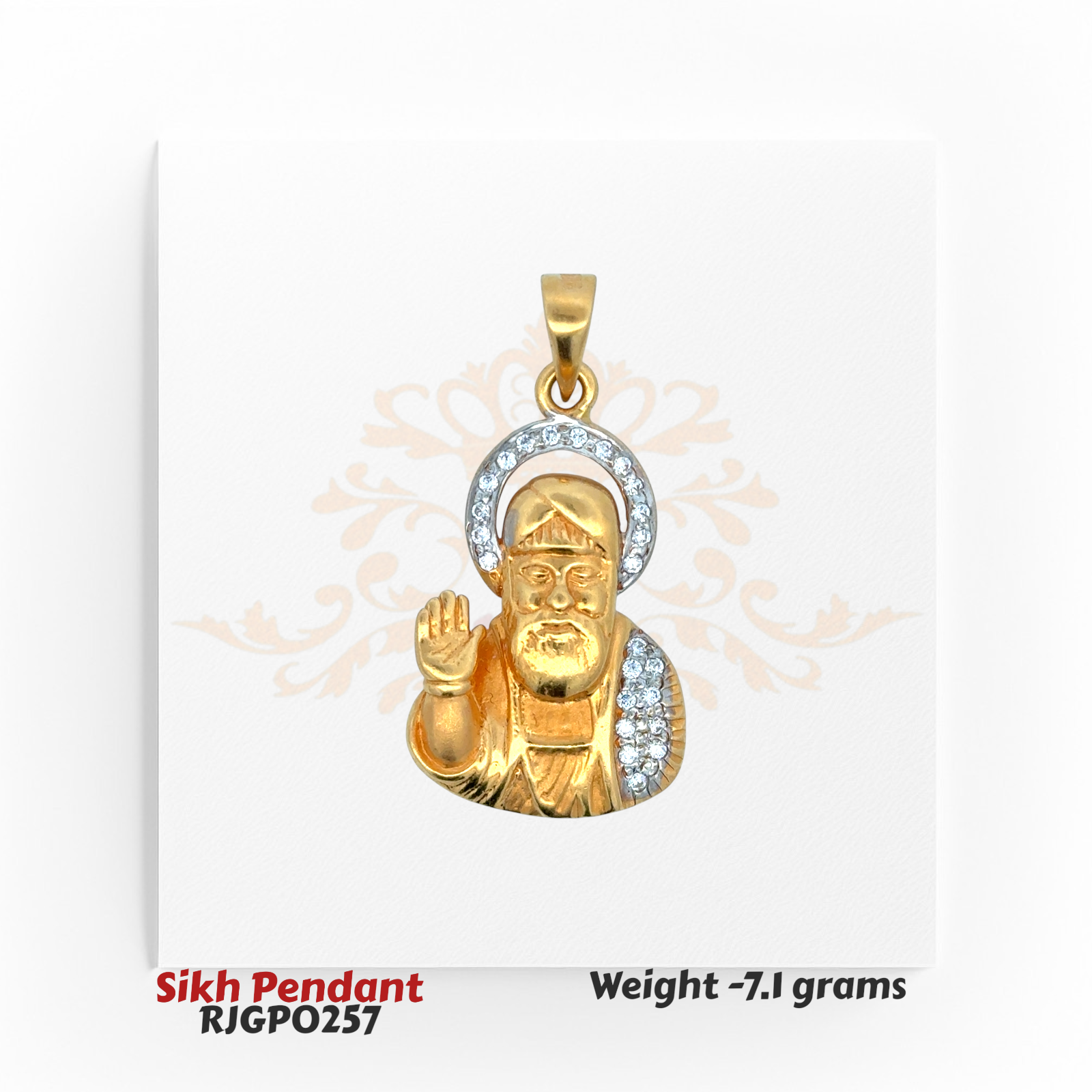 22kt Gold Guru Nanak Dev Ji Sikh Pendant with diamond halo, representing peace, wisdom, and faith – Regal Jewels Chicago.