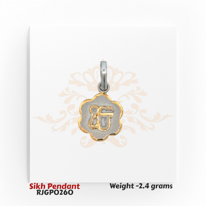 22kt Two-Tone Sikh Pendant with floral frame and embossed Ik Onkar symbol, blending gold and white tones – Regal Jewels Chicago.