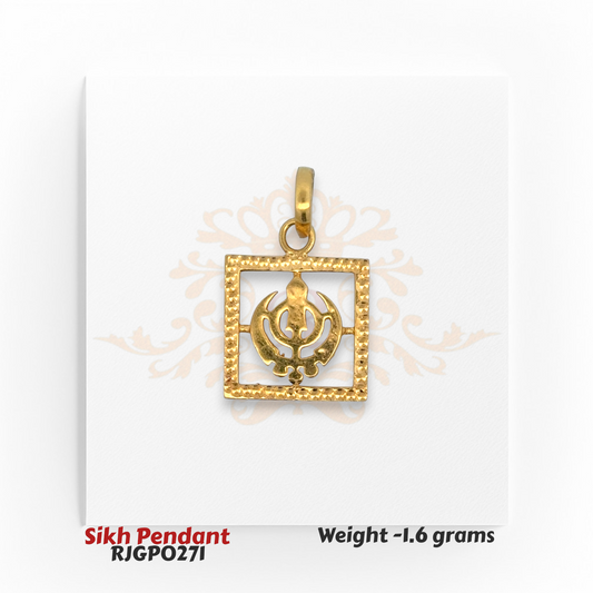 22kt Gold Sikh Pendant with Khanda symbol inside textured square frame, symbolizing strength and harmony – Regal Jewels Chicago.