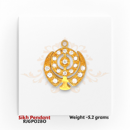22kt Gold Sikh Pendant with CZ Stones – Khanda Design 5.2 gm Spiritual Gold Jewelry – Regal Jewels Chicago