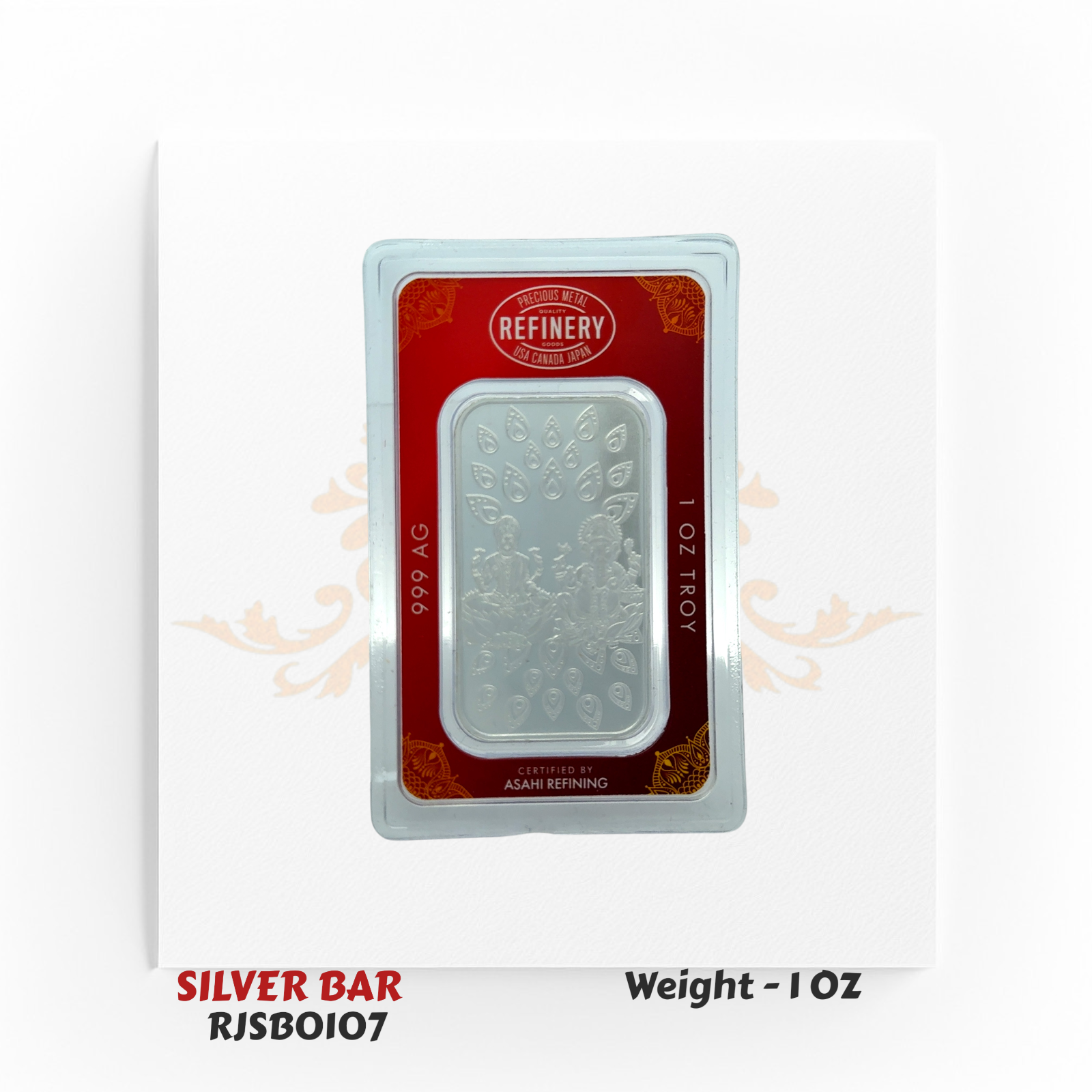 1 oz 999 fine silver bar with Goddess Lakshmi and Lord Ganesh religious design, certified by Asahi Refining – Regal Jewels Chicago RJSB0107