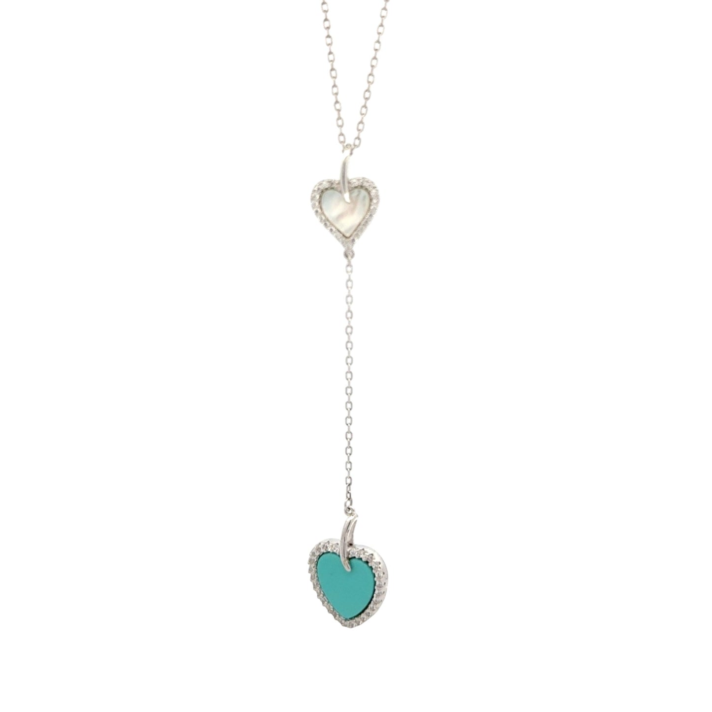 Sterling silver lariat necklace with dual heart pendants, featuring white mother-of-pearl and turquoise enamel hearts accented with cubic zirconia – Regal Jewels Chicago RJSC0002