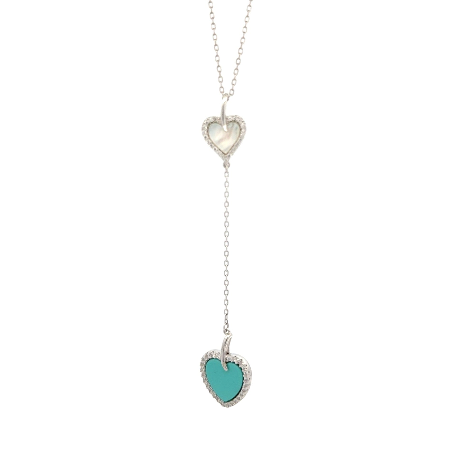 Sterling silver lariat necklace with dual heart pendants, featuring white mother-of-pearl and turquoise enamel hearts accented with cubic zirconia – Regal Jewels Chicago RJSC0002