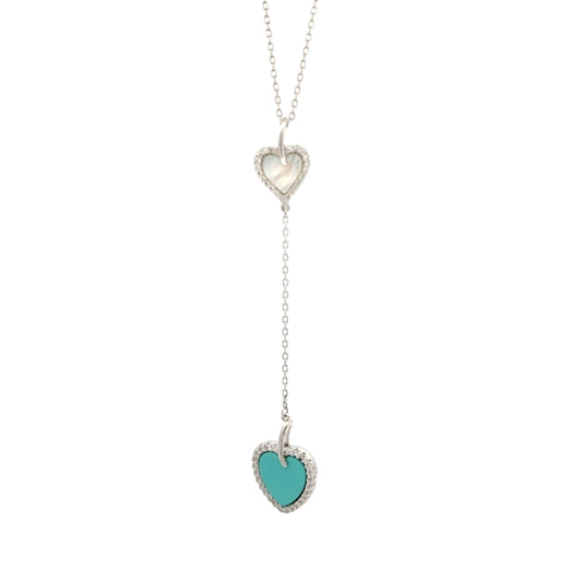 Sterling silver lariat necklace with dual heart pendants, featuring white mother-of-pearl and turquoise enamel hearts accented with cubic zirconia – Regal Jewels Chicago RJSC0002