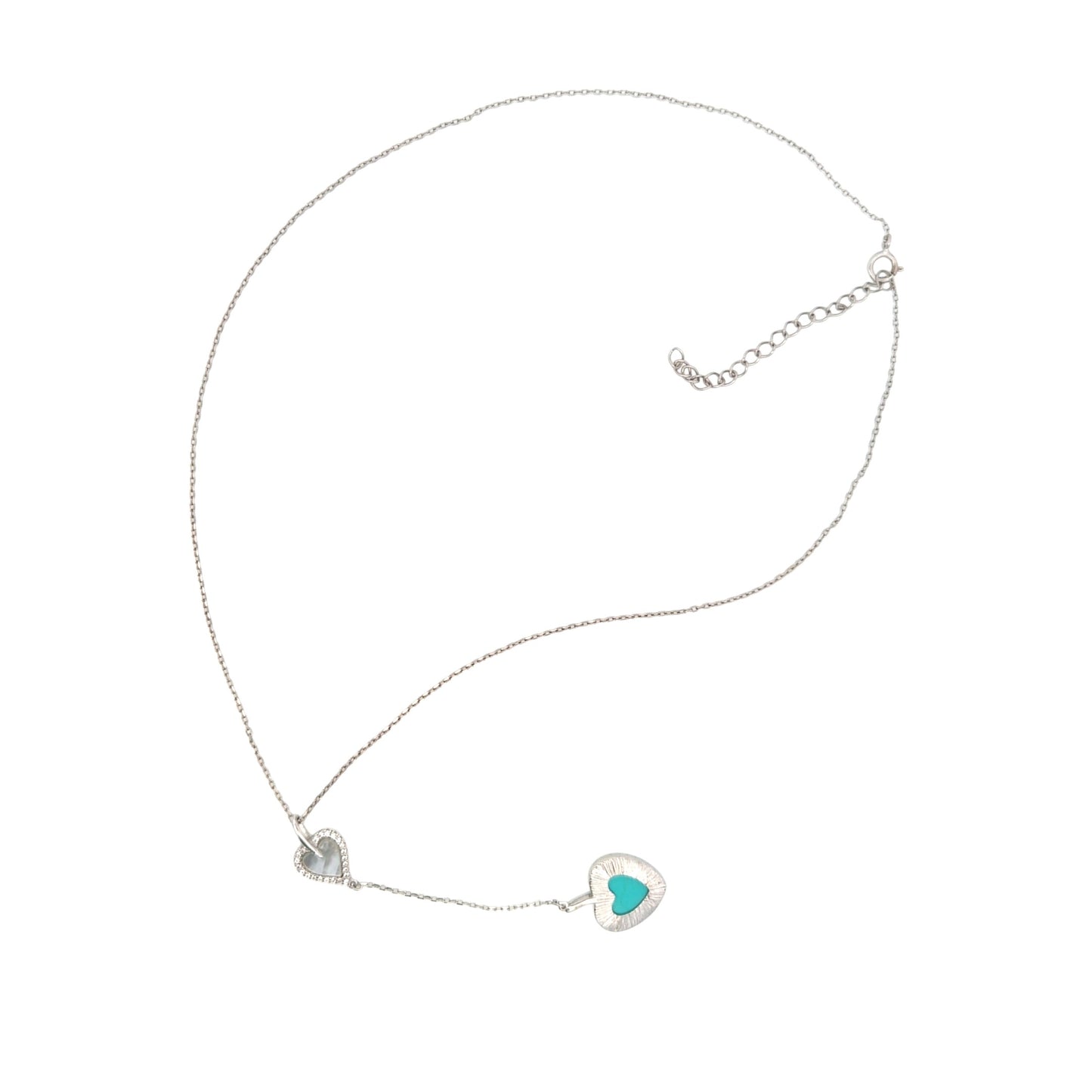 Sterling silver chain with dual heart lariat pendant featuring white mother-of-pearl and turquoise enamel hearts accented with cubic zirconia – Regal Jewels Chicago RJSC0002