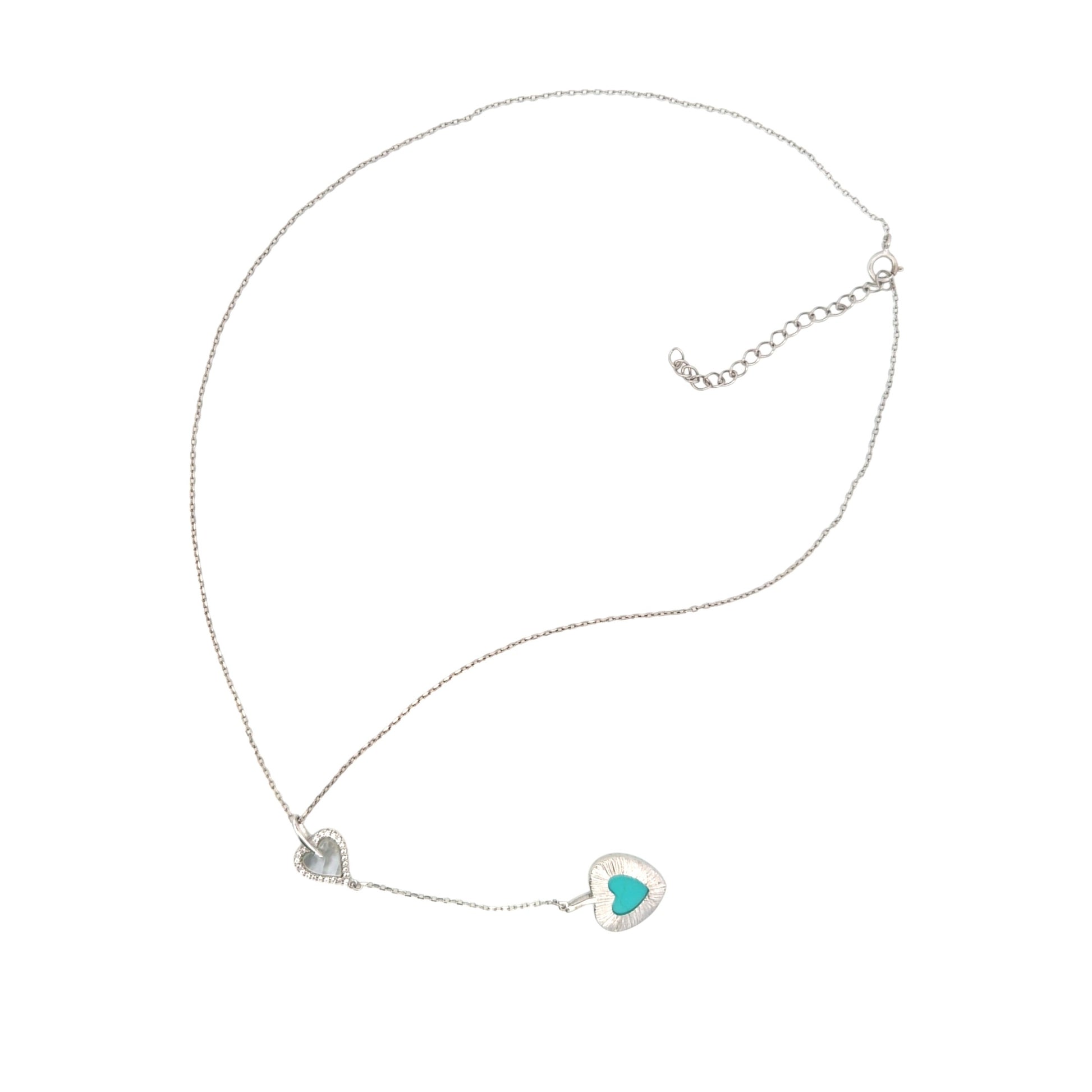 Sterling silver chain with dual heart lariat pendant featuring white mother-of-pearl and turquoise enamel hearts accented with cubic zirconia – Regal Jewels Chicago RJSC0002