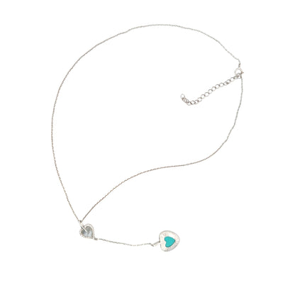 Sterling silver chain with dual heart lariat pendant featuring white mother-of-pearl and turquoise enamel hearts accented with cubic zirconia – Regal Jewels Chicago RJSC0002