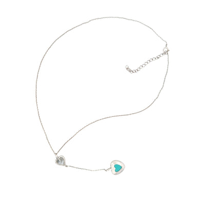 Sterling silver chain with dual heart lariat pendant featuring white mother-of-pearl and turquoise enamel hearts accented with cubic zirconia – Regal Jewels Chicago RJSC0002