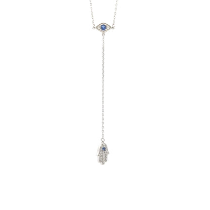 Sterling silver lariat necklace featuring evil eye charm with blue stone and Hamsa hand pendant for protection and style – Regal Jewels Chicago RJSC0003