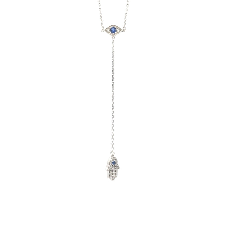 Sterling silver lariat necklace featuring evil eye charm with blue stone and Hamsa hand pendant for protection and style – Regal Jewels Chicago RJSC0003