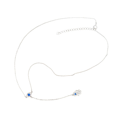 Sterling silver chain with lariat design featuring evil eye charm with blue stone and Hamsa hand pendant for protection and elegance – Regal Jewels Chicago RJSC0003