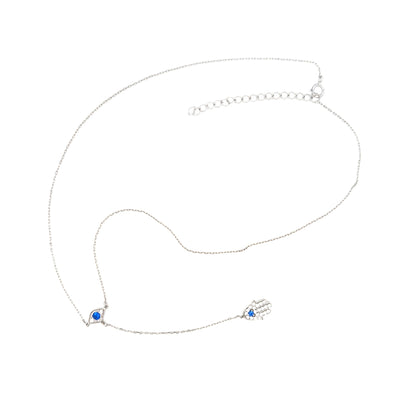 Sterling silver chain with lariat design featuring evil eye charm with blue stone and Hamsa hand pendant for protection and elegance – Regal Jewels Chicago RJSC0003
