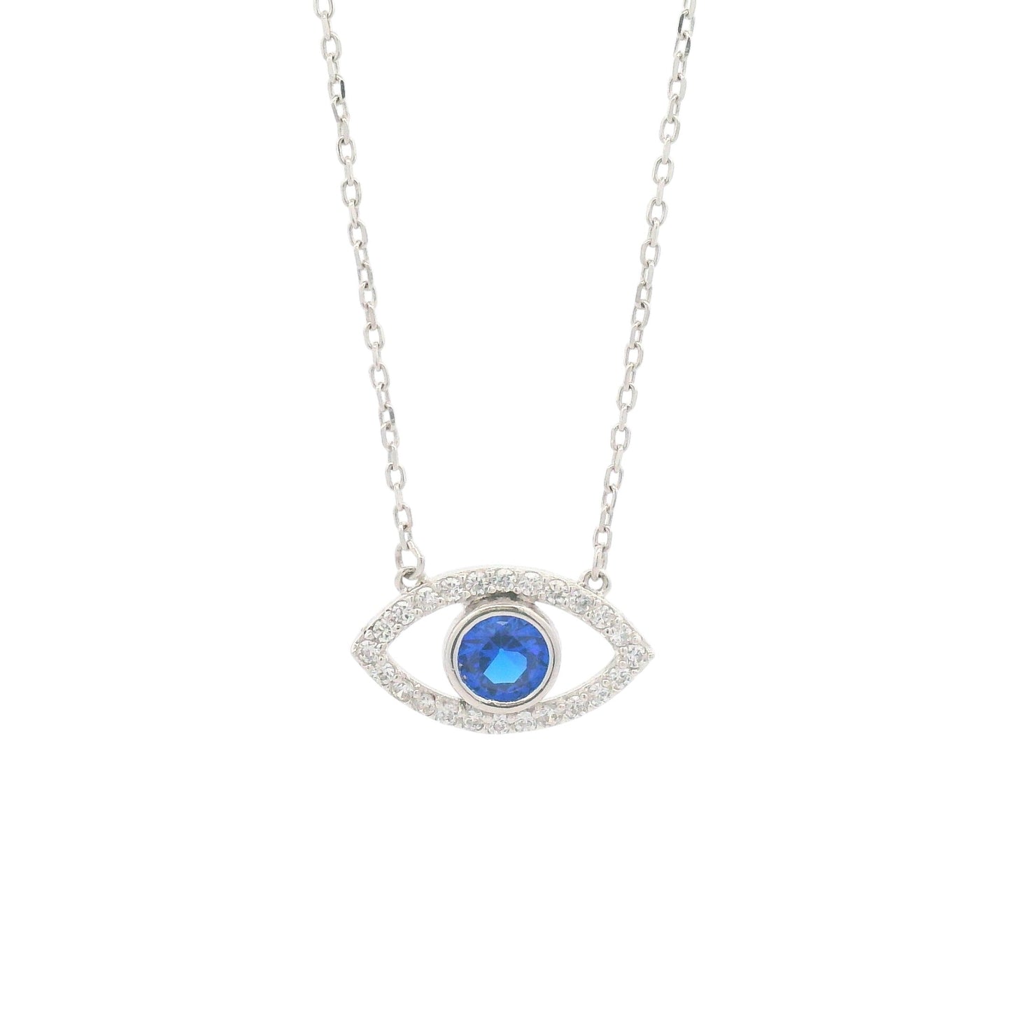 Sterling silver evil eye pendant necklace with round blue sapphire-like center stone and cubic zirconia border for protection and elegance – Regal Jewels Chicago RJSC0004