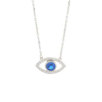 Sterling silver evil eye pendant necklace with round blue sapphire-like center stone and cubic zirconia border for protection and elegance – Regal Jewels Chicago RJSC0004