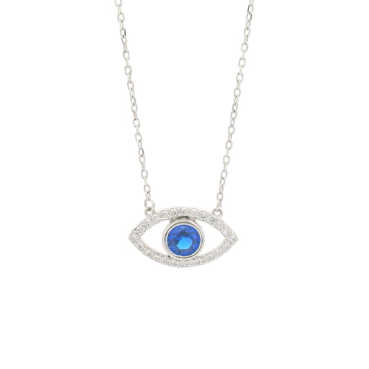 Sterling silver evil eye pendant necklace with round blue sapphire-like center stone and cubic zirconia border for protection and elegance – Regal Jewels Chicago RJSC0004