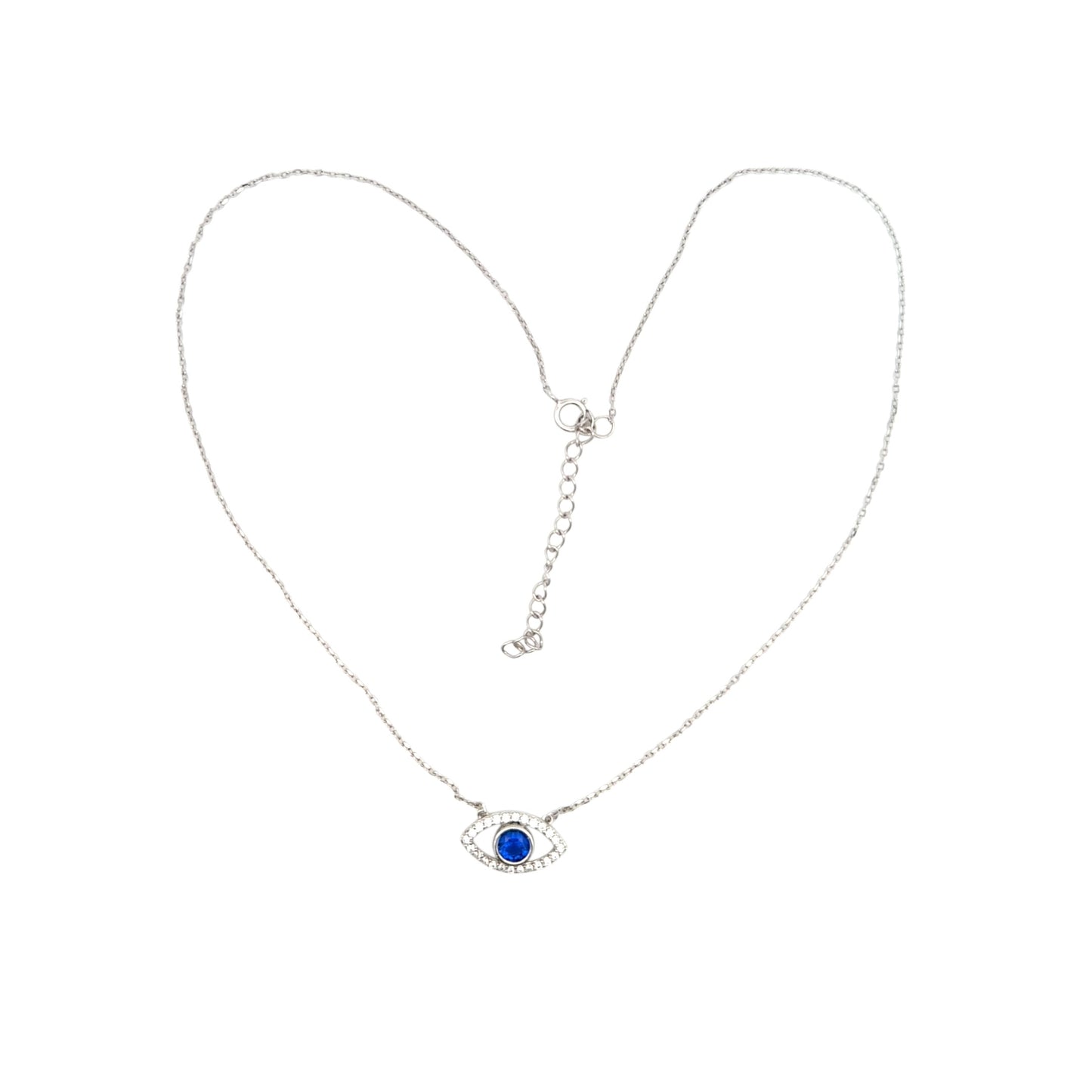 "Sterling silver chain with evil eye pendant featuring round blue sapphire-like center stone and cubic zirconia border, protective and elegant jewelry – Regal Jewels Chicago RJSC0004