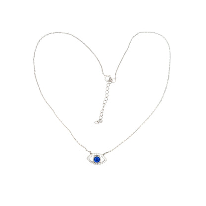 "Sterling silver chain with evil eye pendant featuring round blue sapphire-like center stone and cubic zirconia border, protective and elegant jewelry – Regal Jewels Chicago RJSC0004