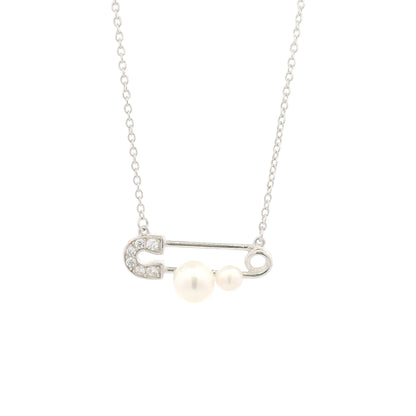 Sterling silver safety pin pendant necklace with pearls and cubic zirconia accents, modern fashion jewelry design – Regal Jewels Chicago RJSC0005