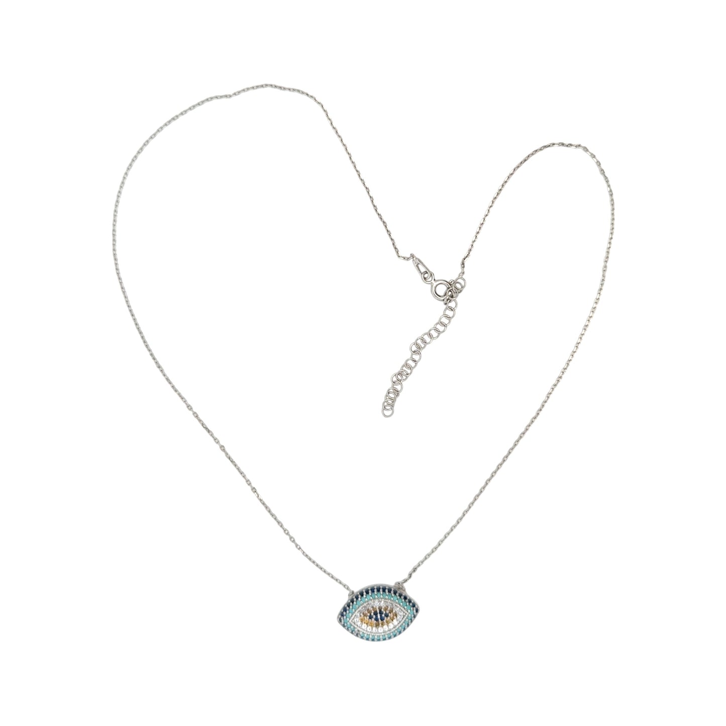 Sterling silver chain with evil eye pendant decorated with turquoise, blue, yellow, and white cubic zirconia stones for protection and style – Regal Jewels Chicago RJSC0006