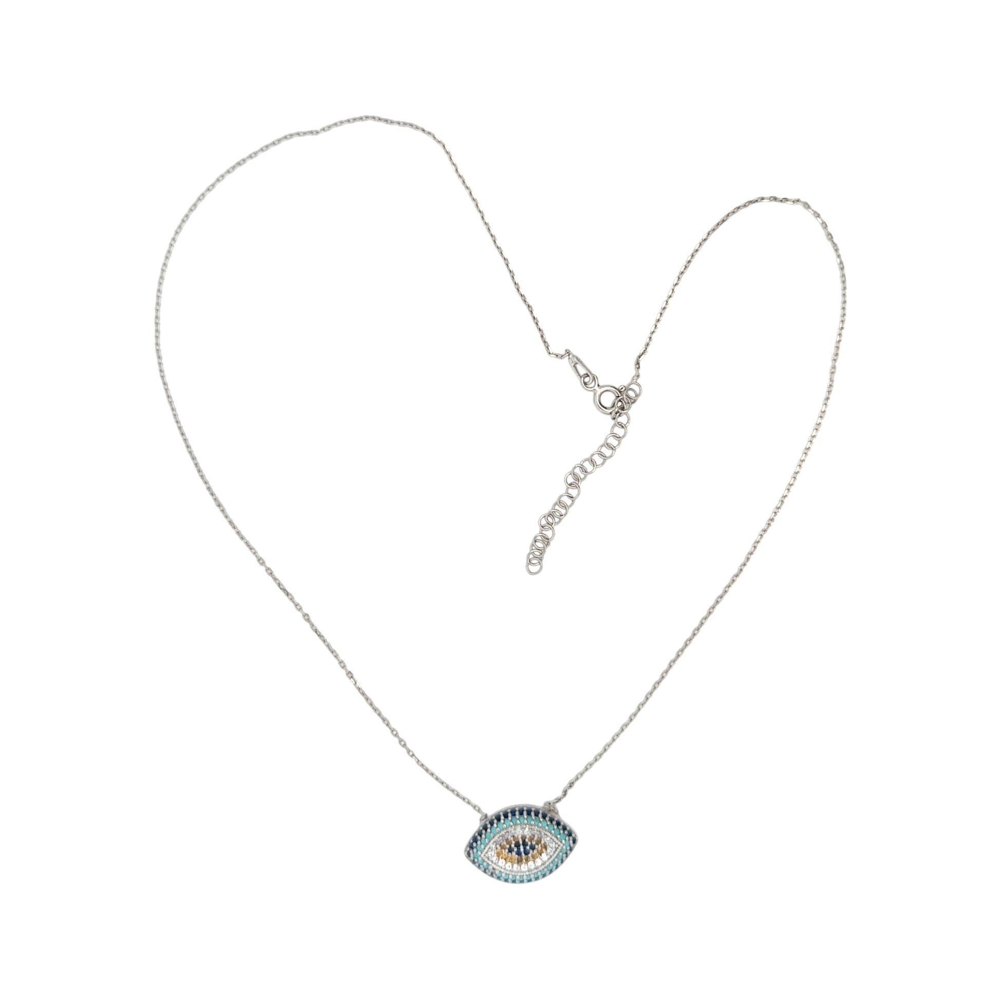 Sterling silver chain with evil eye pendant decorated with turquoise, blue, yellow, and white cubic zirconia stones for protection and style – Regal Jewels Chicago RJSC0006