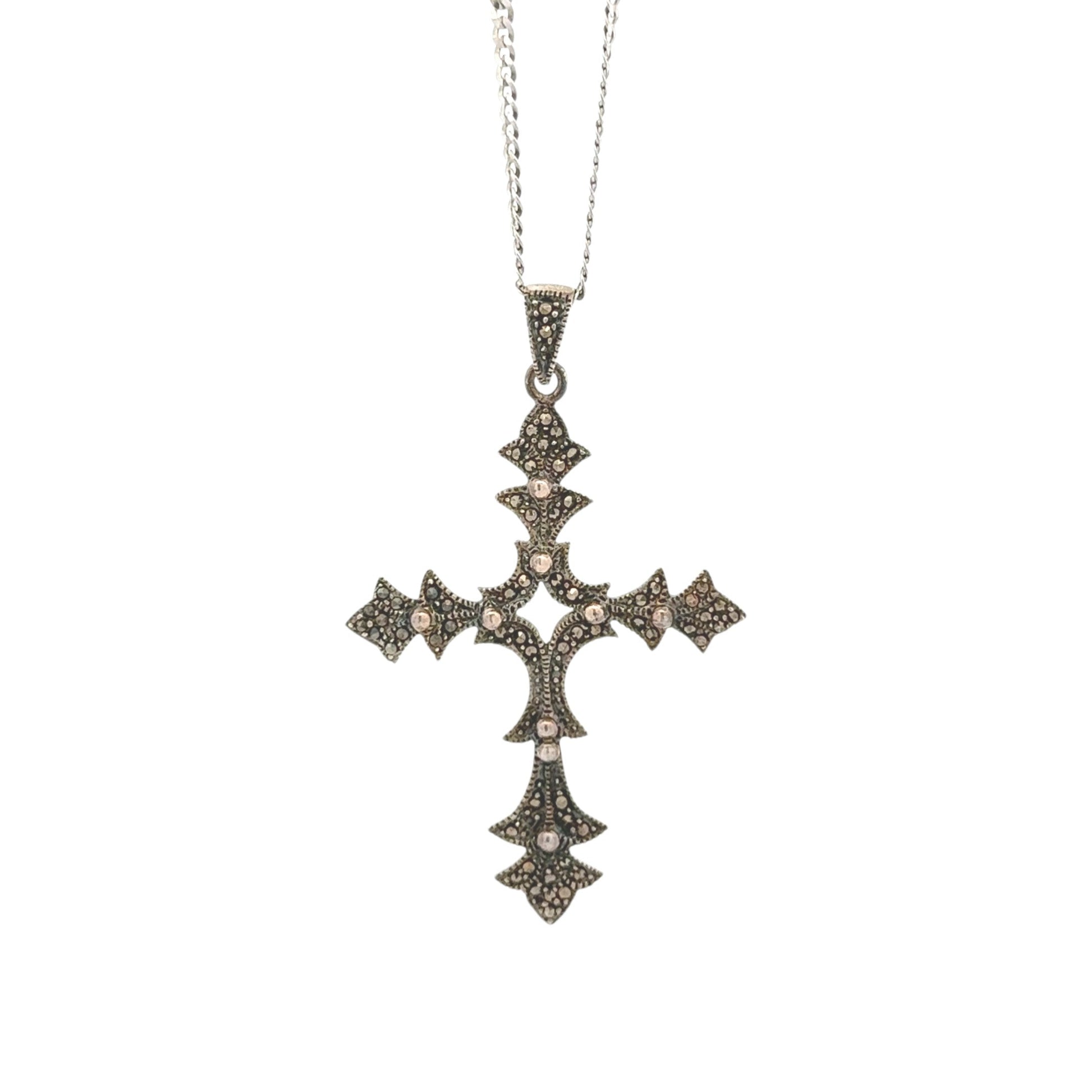 Elegant sterling silver cross pendant necklace with intricate vintage marcasite design, handcrafted detailing, and timeless religious jewelry style – Regal Jewels Chicago RJSC0008