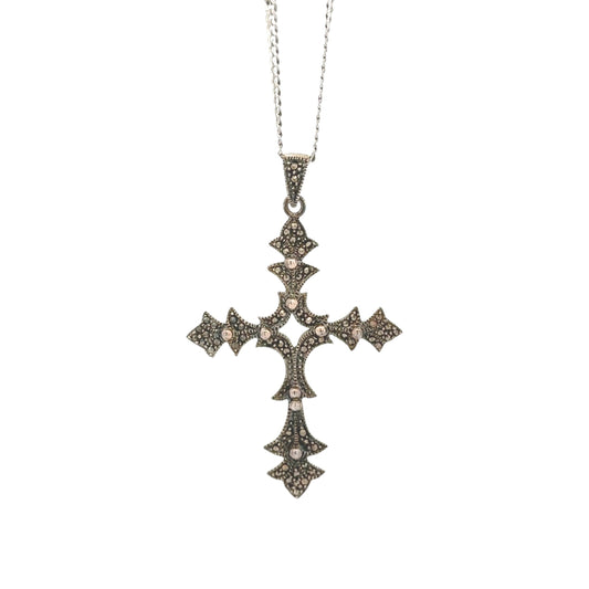 Elegant sterling silver cross pendant necklace with intricate vintage marcasite design, handcrafted detailing, and timeless religious jewelry style – Regal Jewels Chicago RJSC0008
