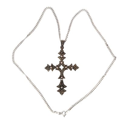 Sterling silver chain with ornate vintage-style cross pendant featuring marcasite accents, elegant religious jewelry – Regal Jewels Chicago RJSC0008