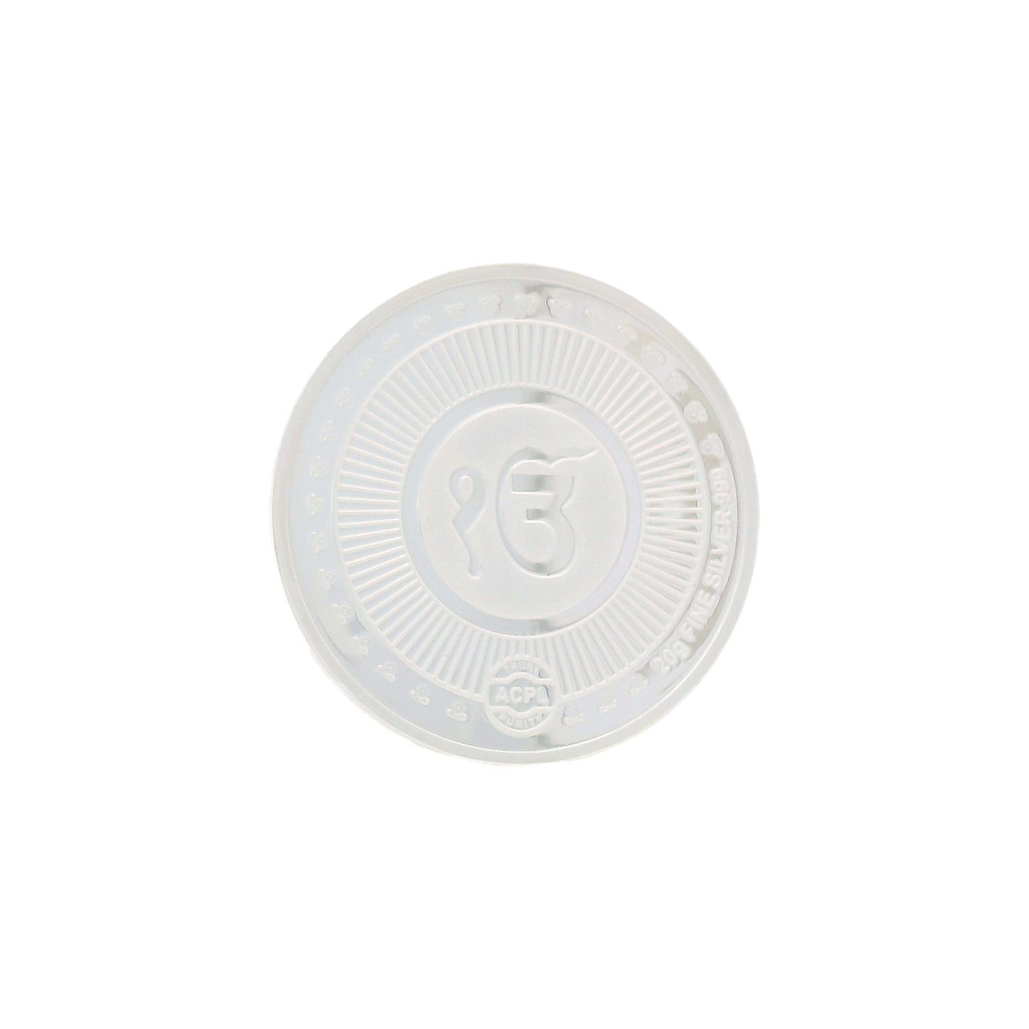 Regal Jewels RJSB0012A 20g fine silver coin embossed with Ik Onkar Sikh symbol and radiant border design, crafted in pure silver – a spiritual collectible ideal for Sikh gifting, religious ceremonies, and silver investments