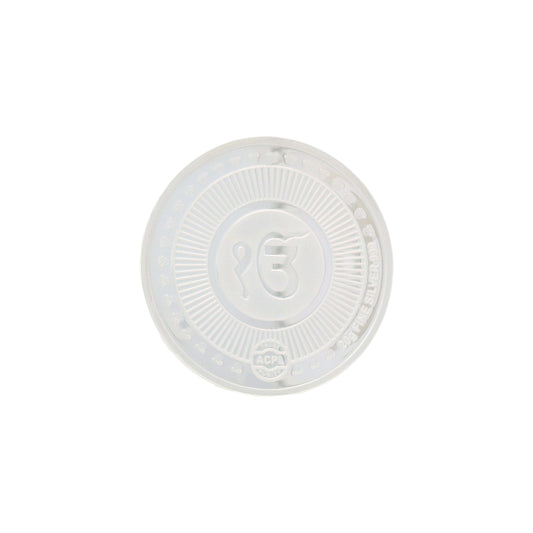 Regal Jewels RJSB0012A 20g fine silver coin embossed with Ik Onkar Sikh symbol and radiant border design, crafted in pure silver – a spiritual collectible ideal for Sikh gifting, religious ceremonies, and silver investments