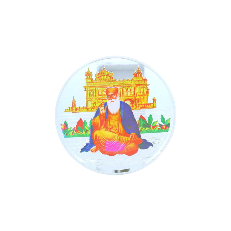 Regal Jewels RJSB0012 silver coin featuring Guru Nanak Dev Ji seated in front of the Golden Temple with detailed engraving – a devotional collectible ideal for Sikh gifting, religious ceremonies, and spiritual silver collections
