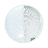 Regal Jewels RJSB0017A 100g fine silver coin embossed with the sacred Om symbol surrounded by radiant sun rays design – a spiritual collectible perfect for Hindu puja, meditation, gifting, and pure silver investments