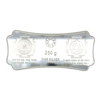 Regal Jewels RJSB0018A 250g fine silver bar 999.9 purity engraved with sacred Yantra designs and mantras, symbolizing prosperity, protection, and spiritual energy – ideal for investment, puja rituals, and devotional silver collections