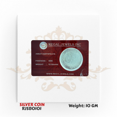 10 gram 999 fine silver coin with sacred Om symbol in red Regal Jewels packaging – Regal Jewels Chicago RJSB0101