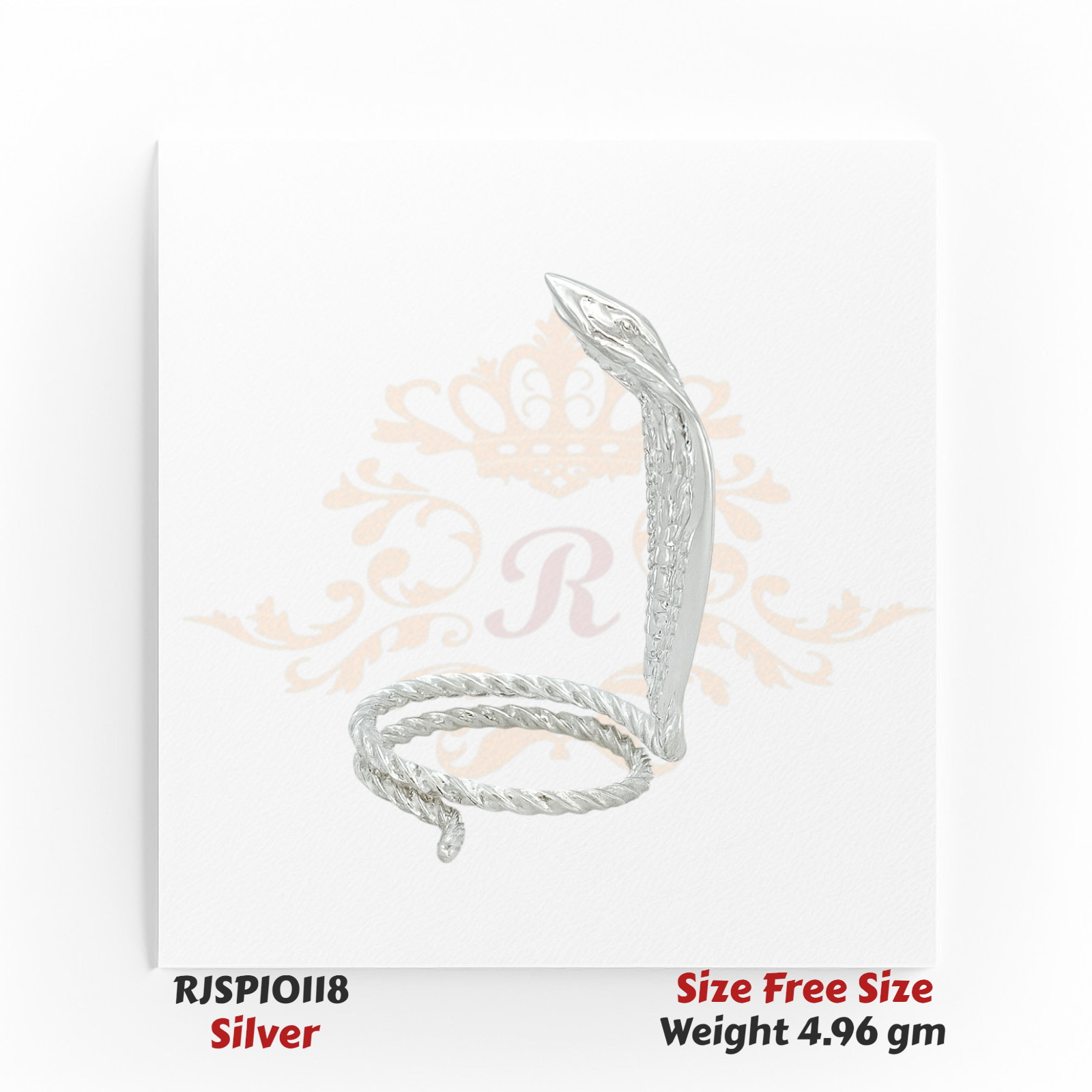 Silver cobra snake idol side view with coiled base, handcrafted 4.96 gm statue – Model RJSPI0118, perfect for pooja rituals and vastu decor.