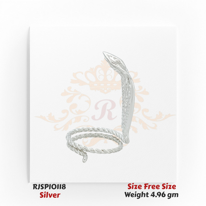 Silver cobra snake idol side view with coiled base, handcrafted 4.96 gm statue – Model RJSPI0118, perfect for pooja rituals and vastu decor.