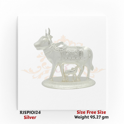 Silver Kamdhenu cow with calf idol, handcrafted with detailed carvings, spiritual statue weighing 95.27 grams – Model RJSPI0124, perfect for pooja, vastu, and gifting.