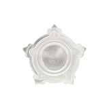 Silver decorative piece with a circular center and four pointed edges, featuring concentric circle patterns in the middle. RJSPI0126