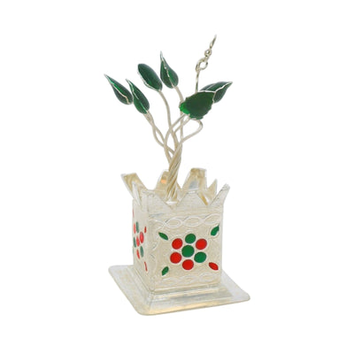Regal Jewels silver Tulsi plant RJSPI0127 – elegant handcrafted silver pooja décor with green enamel leaves and red floral design on pot, ideal for home décor, and gifting.