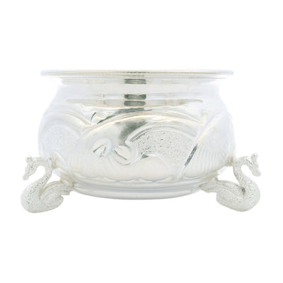 Regal Jewels silver bowl RJSPI0128a – handcrafted designer silver katori with engraved peacock motifs and decorative peacock legs, ideal for pooja, temple decor, dining, and gifting.