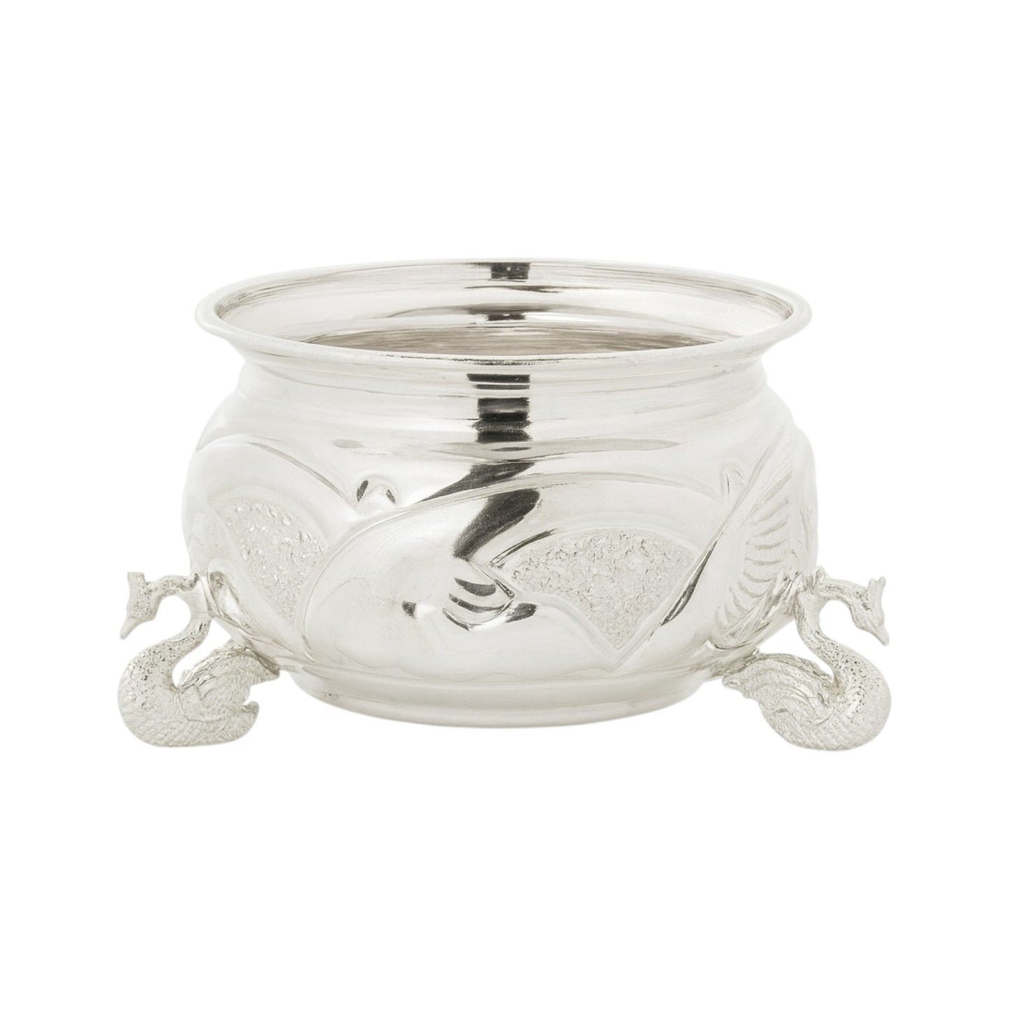 Regal Jewels silver bowl RJSPI0128– elegant handcrafted silver katori with engraved peacock design and decorative peacock legs, perfect for pooja, dining, home décor, and gifting.