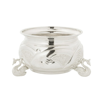 Regal Jewels silver bowl RJSPI0128– elegant handcrafted silver katori with engraved peacock design and decorative peacock legs, perfect for pooja, dining, home décor, and gifting.