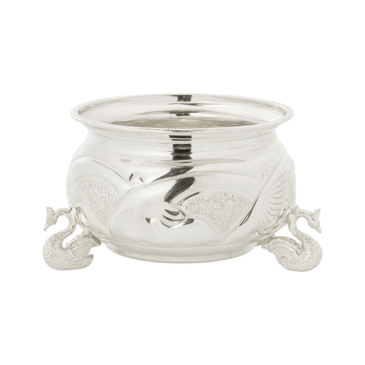 Regal Jewels silver bowl RJSPI0128– elegant handcrafted silver katori with engraved peacock design and decorative peacock legs, perfect for pooja, dining, home décor, and gifting.