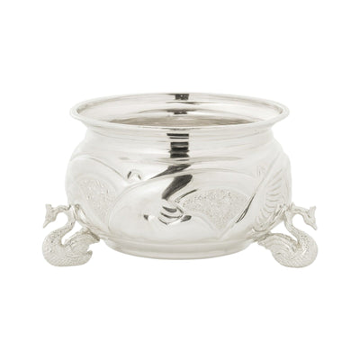 Regal Jewels silver bowl RJSPI0128– elegant handcrafted silver katori with engraved peacock design and decorative peacock legs, perfect for pooja, dining, home décor, and gifting.
