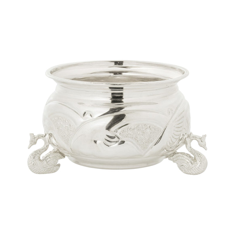 Regal Jewels silver bowl RJSPI0128– elegant handcrafted silver katori with engraved peacock design and decorative peacock legs, perfect for pooja, dining, home décor, and gifting.