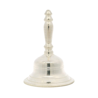 Regal Jewels silver pooja bell RJSPI0129 – traditional handcrafted pure silver temple bell with detailed handle design, ideal for aarti, daily pooja rituals, and spiritual gifting.