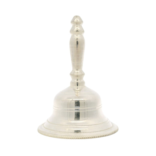 Regal Jewels silver pooja bell RJSPI0129 – traditional handcrafted pure silver temple bell with detailed handle design, ideal for aarti, daily pooja rituals, and spiritual gifting.