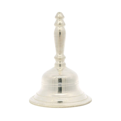 Regal Jewels silver pooja bell RJSPI0129 – traditional handcrafted pure silver temple bell with detailed handle design, ideal for aarti, daily pooja rituals, and spiritual gifting.