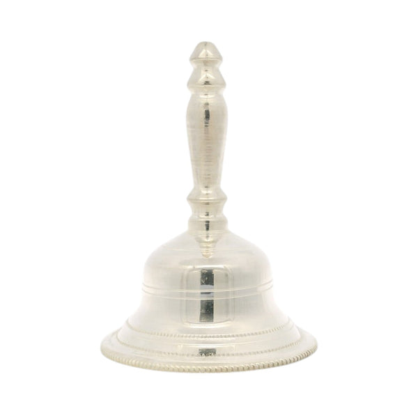 Regal Jewels silver pooja bell RJSPI0129 – traditional handcrafted pure silver temple bell with detailed handle design, ideal for aarti, daily pooja rituals, and spiritual gifting.