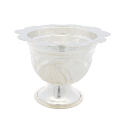 Regal Jewels silver pot RJSPI0130– handcrafted pure silver with engraved floral patterns and scalloped rim, perfect for pooja rituals, temple use, and gifting.