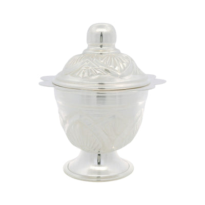 Regal Jewels silver pot with lid RJSPI0130 – handcrafted pure silver lota with matching engraved lid, elegant floral design, ideal for pooja rituals, temple use, and gifting.